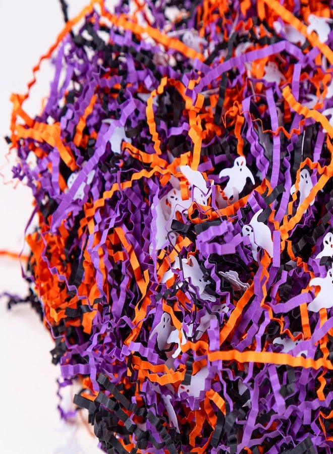 Gloreyan 1LB Halloween Crinkle Cut Paper Shred, Black Orange Purple Raffia Paper Sherd Filler Grass with Ghost Decoration for Gift Wrapping Basket Filling Birthdays Weddings Party Supply - Image 1